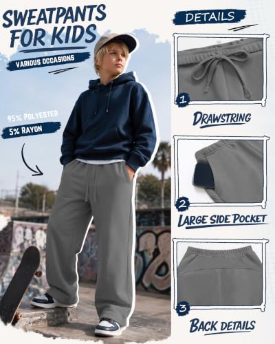 YooAurvox Boys Wide Leg Sweatpants 14-16 Years Black & Gray - Casual Athletic Pants for Active Kids