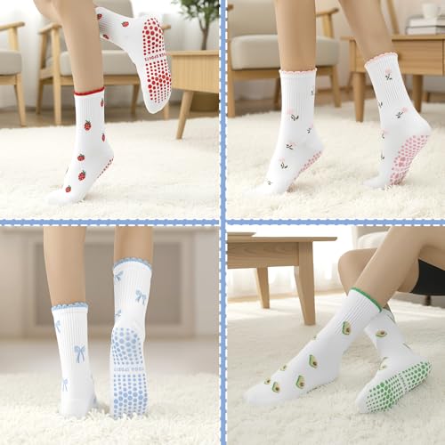 Pilates Socks with Grips for Women - 4 Pairs in Pink, Red, Blue & Green