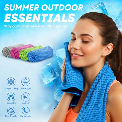Cooling Towels 4 Pack - Soft Breathable Microfiber for Gym & Outdoor - Grey, Pink, Green, Blue