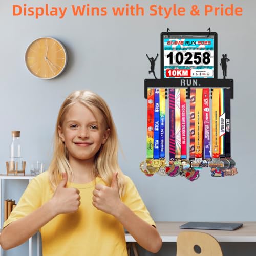 Race Bib & Medal Display - 16" Metal Hanger, Holds 45+ Medals, Black - Hers