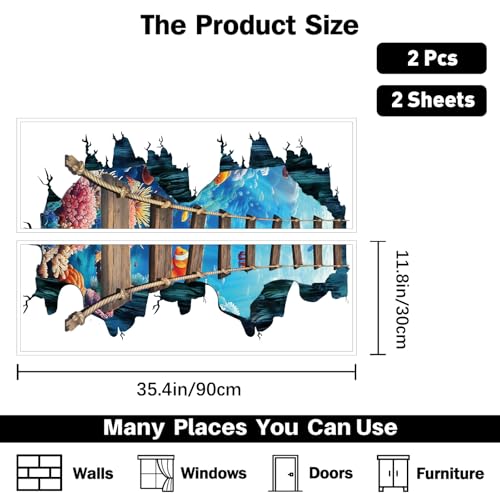 PLIGREAT 2 Sheets 3D Floor Stickers, Undersea Bridge Wall Decals Vinyl Sea World Ocean Bridge Wall Stickers Removable Peel and Stick Wall Decor for Bedroom Bathroom Living Room Nursery School