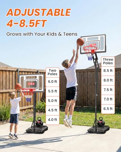 Adjustable Kids Basketball Hoop - 4-8.5ft, Portable with Wheels - Black