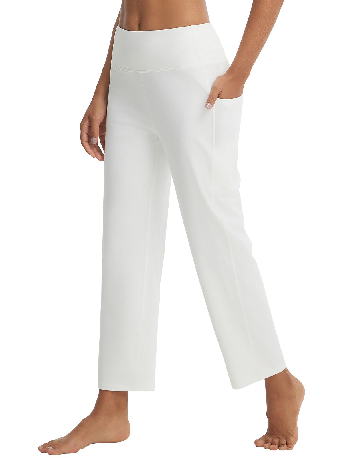 baleaf Womens 25" Yoga Pants with Pockets Wide Leg Petite Dress Pant High Waist Ankle Stretchy Casual Travel Star White L