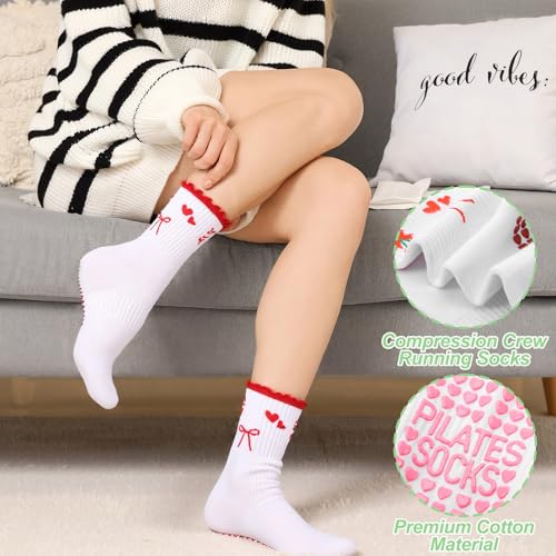 Non-Slip Pilates Grippy Socks for Women - Ruffle Design, 4 Pairs - Red Pink Yellow Green