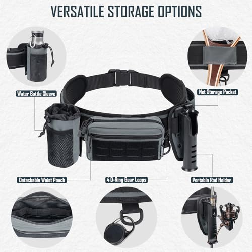 QualyQualy Grey Wading Fishing Belt with Rod Holder & Tackle Pack – Adjustable Waterproof Waist Belt for Fly & Spinning Rods