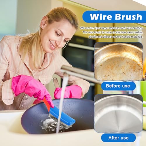 2 Pack Wire Brushes for Cleaning, 6.3inch Steel Wire Scratch Brush Heavy Duty Metal Wire Brush Cleaning Tool with Handle Grip(Blue+Red)