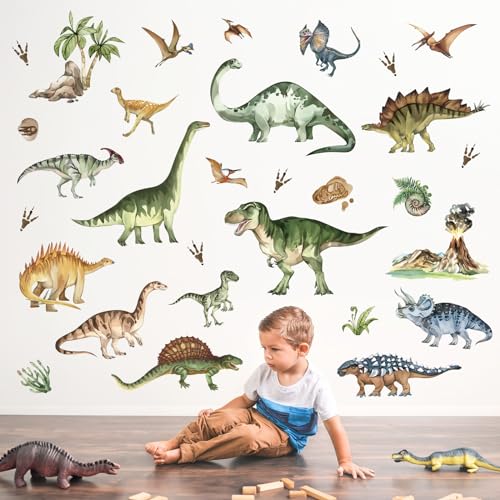 decalmile Dinosaur Wall Decals Jungle Dinosaur Volcano Cave Dino Wall Stickers Baby Boy Kid Bedroom Playroom Wall Decor