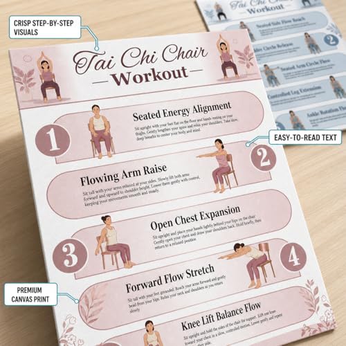 Tai Chi Chair Workout Chart Poster Set - 6 Unframed Canvas Prints, 12"L x 16"W