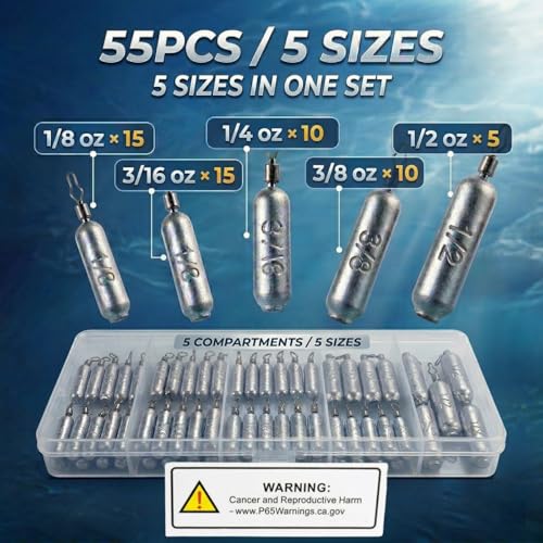55 Pcs Drop Shot Weights Set with 5 Sizes and 360° Swivels - Tight-Line Lead Sinkers in Divided Storage Box