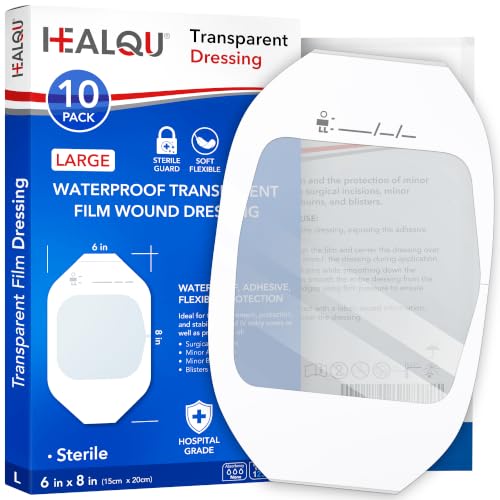 HEALQU Transparent Film Dressing, 6" x 8" Pack of 10 Waterproof Wound