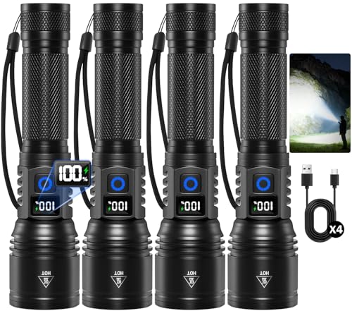 Ruboliy 4Pack Rechargeable LED Flashlights – High Lumens, LCD Power Display, 5 Modes, Type-C, Tactical Handheld
