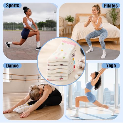 6 Pairs Cute Non-Slip Pilates Socks for Women - Red, Brown, Yellow, Pink, Blue, Purple
