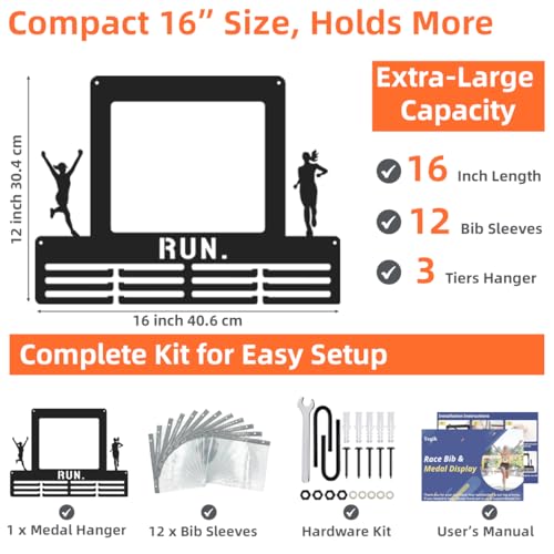 Race Bib & Medal Display - 16" Metal Hanger, Holds 45+ Medals, Black - Hers