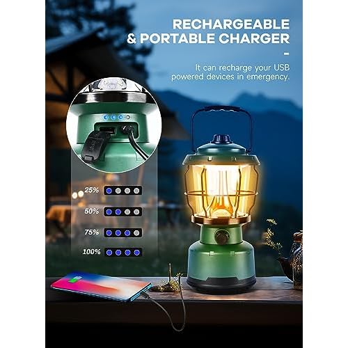 LED Camping Lantern, 2500LM Dimmable Vintage Rechargeable Lantern, Water Resistant Portable Emergency Lights for Camping, Home Power Outage, Hurricane, Hiking