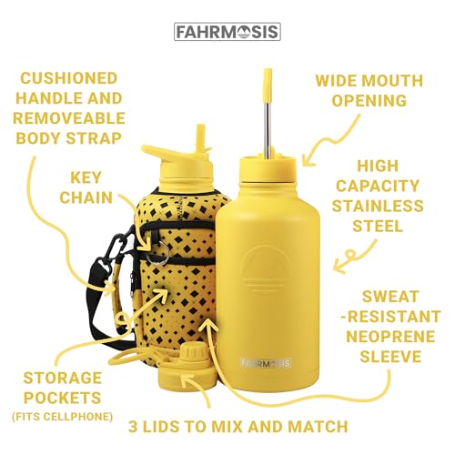 FAHRMOSIS 64 Oz Insulated Water Bottle with Sleeve and 3 Lids - Yellow
