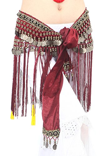 Plus-Size Dark Red Women's Belly Dance Tribal Hip Scarf with Fringe Coins 35.5in