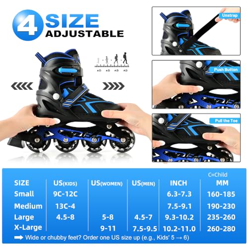 2PM SPORTS Adjustable Inline Skates – C Blue / Medium - Big Kid (13C-4 US) with Light-Up Wheels