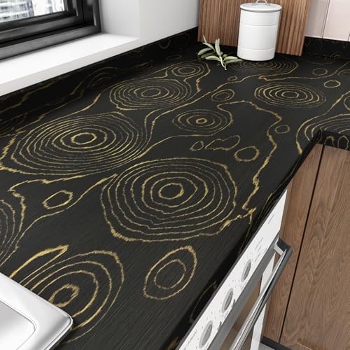 WESTICK Black/Gold Wood Contact Paper for Counter Top Peel and Stick Waterproof Wood Wallpaper Self Adhesive Vintage Wooden Grain Contact Paper for Countertops Kitchen Cabinets and Drawers 15.8" x 80"