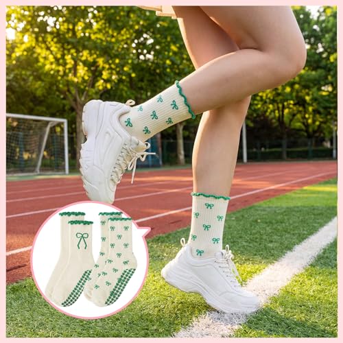 Cute Pilates Socks with Heart Grips - Ruffle Non-Slip Crew Socks - Bow Green and White