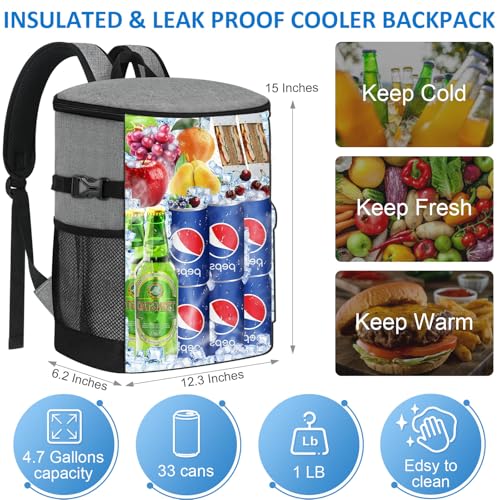 Tenot Light Grey Cooler Backpack 33 Cans Insulated Leakproof Portable Bag