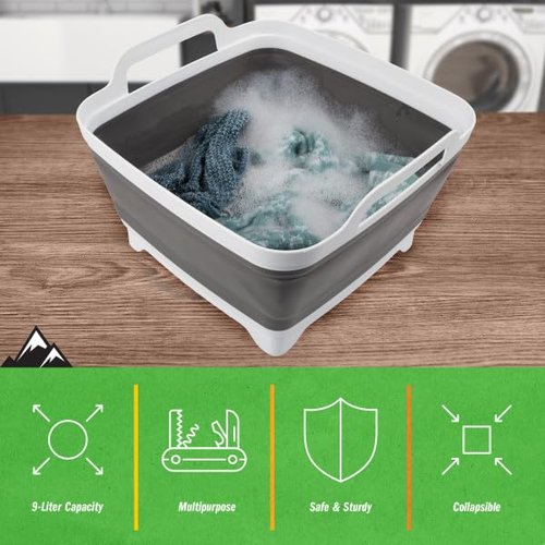 Collapsible Wash Basin - 9L Portable Sink with Drain - Plastic Tub Dish Pan for Camping, Handwashing Laundry, or Dishes by Wakeman Outdoors (Gray)