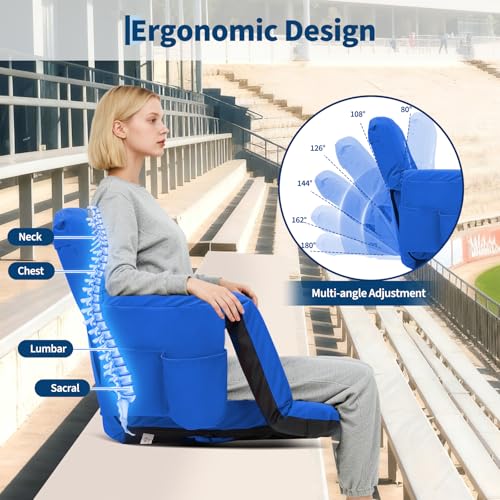 20 Inch Stadium Seats - 2 Pack Bleacher Chairs with Back Support, Armrests & Storage - Blue