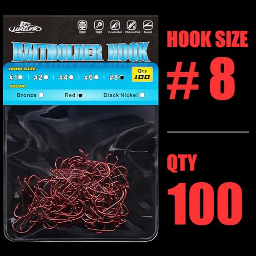 Baitholder Fishing Hooks - Double-Barbed Long Shank, 100 Pack, Red, Size 8