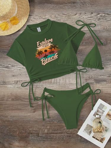 Sexybody Women's 3-Piece Green Halter Bikini & Mesh Swimsuit Set L