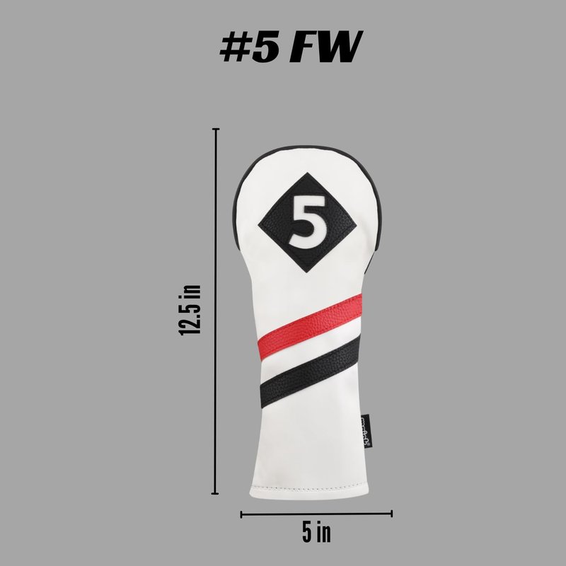 Majek Retro Golf Headcover White Red and Black Vintage Leather Style #5 Fairway Wood Classic Look Head Cover