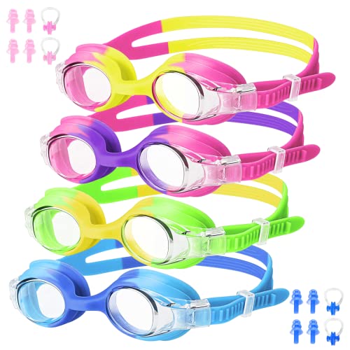 Multicolor Kids Swim Goggles Anti-Fog Leakproof Comfort Fit 4-14 Boys Girls - Pack of 4