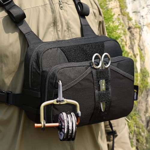 VOTAGOO Black Fishing Chest Pack with Tackle and Fly Boxes for Men & Women