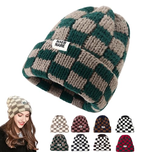 Checkerboard Knit Beanie Hat for Women - Stretch Winter Cap - Green