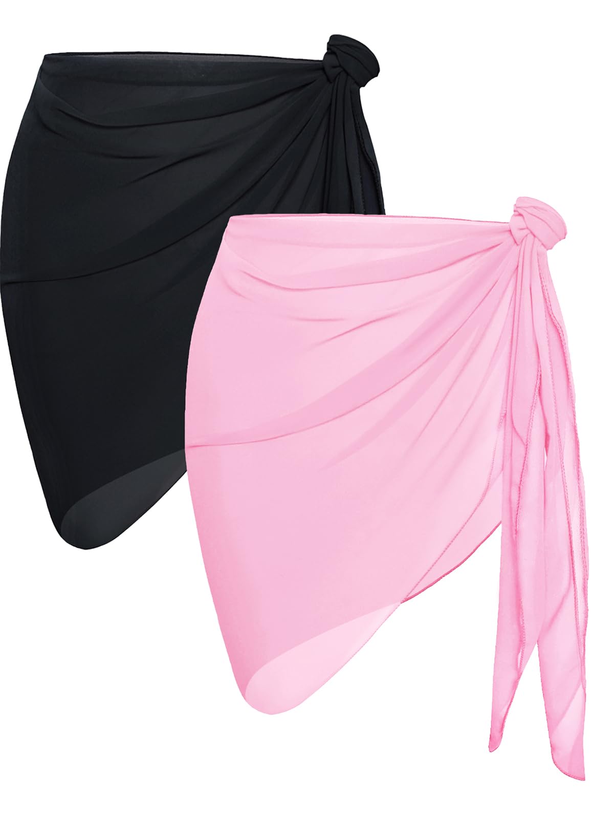 2 Pieces Sarong Cover Ups for Women Beach Bathing Suit Wrap Sheer Short Skirt Bikini Chiffon Scarf for Swimwear (Black and Pink)