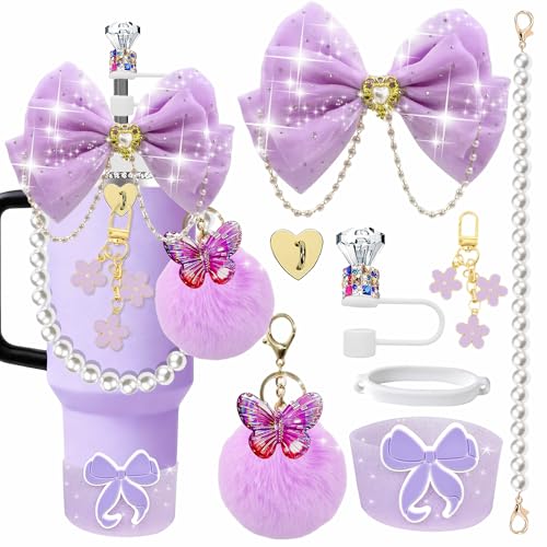 Bling Tumbler Accessory Set for 20/30/40oz Cups - Purple Bow & Pearl Strap