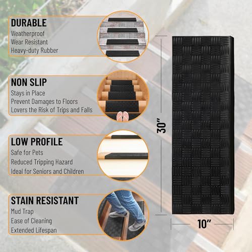 Ottomanson All-Weather Bullnose Rubber Stair Treads ? Non-Slip Step Mats for Wooden, Concrete, or Outdoor Stairs, Easy Maintenance, Tool-Free Placement, Pack of 5, 10" x 30", Black Ribbed Squares