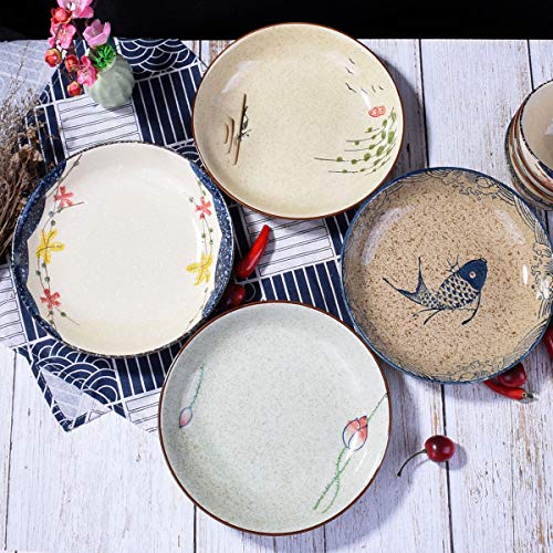 Ceramic Dinner Plate Set of 4, 8'' Salad Plates with Floral & Fish