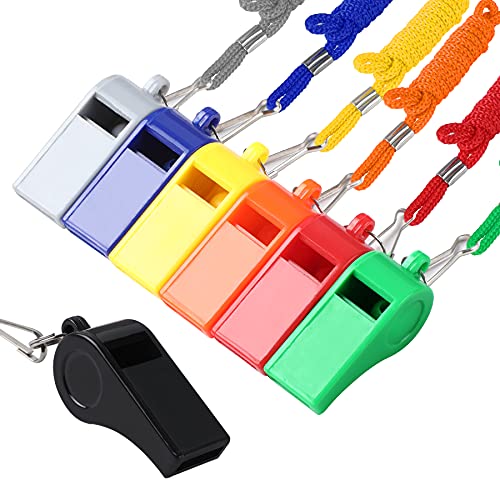 7 Pack Colorful Whistles with Lanyards - Loud Coaches Whistles