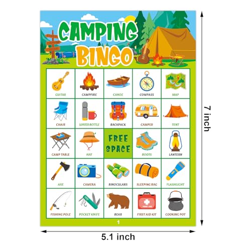 Camping Bingo Game for Kids - 24 Player Set with Calling Cards and Chips