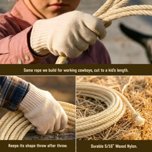 Kids Cowboy Lasso Rope 25ft Waxed Nylon with Genuine Honda Knot - Safe Play