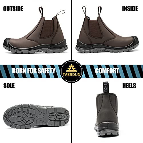 TAERDUN 6" Steel Toe Slip-On Chelsea Work Boots for Men, 11.5 X-Wide Women / 10 Wide Men, 414 Brown