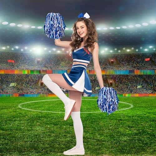 Cheerleading Pom Poms Set with Large Hair Bow - Metallic Blue