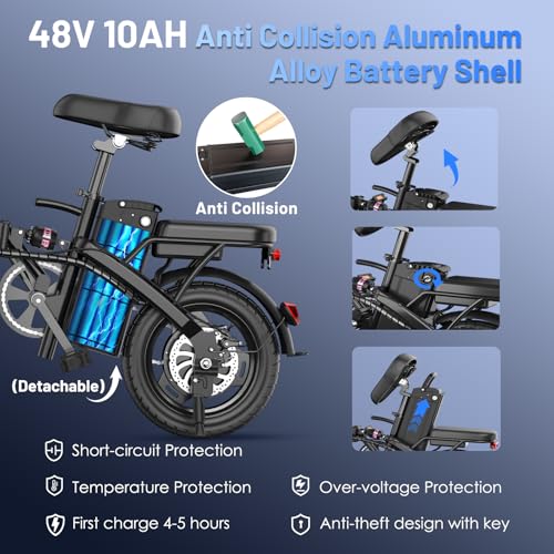 Foldable Electric Bike for Adults & Teens - 14" Mini Ebike with 740W Motor, 10AH Battery - Black