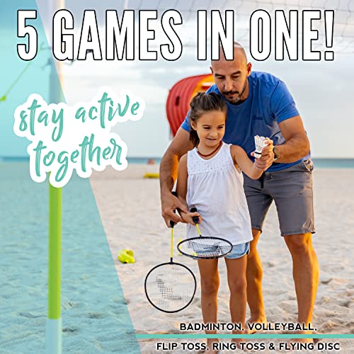 5 Game Outdoor Fun Set - Volleyball, Badminton, Ring Toss, Yellow