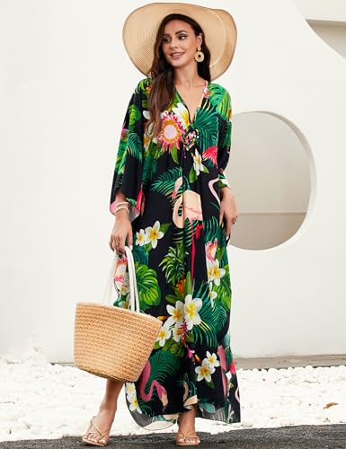 MAKABO Multicolor Flamingo Kaftan Dress for Women V-Neck Cover Up