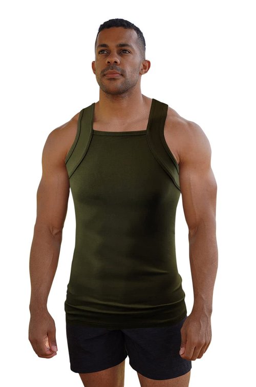 Different Touch Men Athletic Style Square Cut Tank Top X-Large Army Green
