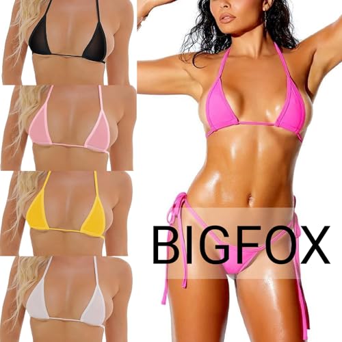 Micro Bikini Set - Halter Triangle Top & Tie Side G-String - One Size / Raspberry Pink