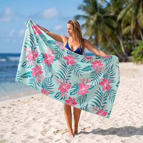 Oversized Beach Towel - 35x72" Quick-Dry Light Teal Pink Floral