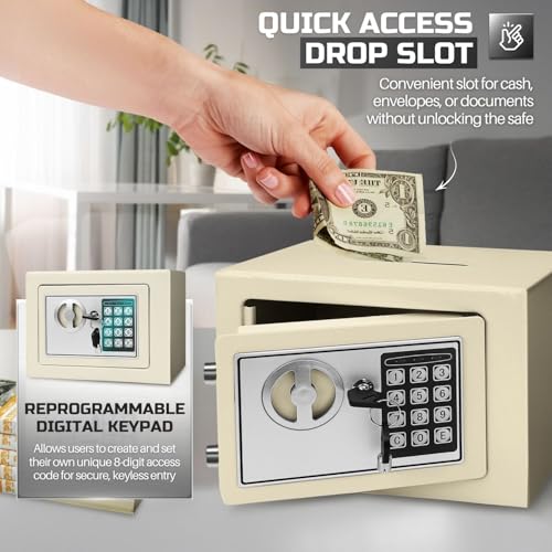 Flexzion Small Safe with Drop Slot - Electronic Drop Box for Money with Digital Combination Lock - Cash Safe for Cabinets, Home & Office Security (12"x8"x8"), White