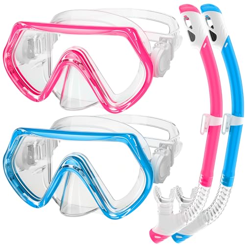 Kids Snorkeling Gear Set - Anti-Fog Clear View Mask & Snorkel - Blue+Pink