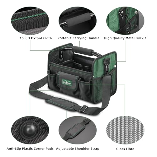 11 Inch Small Tool Bag, Open Top Tool Tote with Stainless Steel Handle and Adjustable Shoulder Strap,21 Pockets Electrician Tool Bags,Black/Green